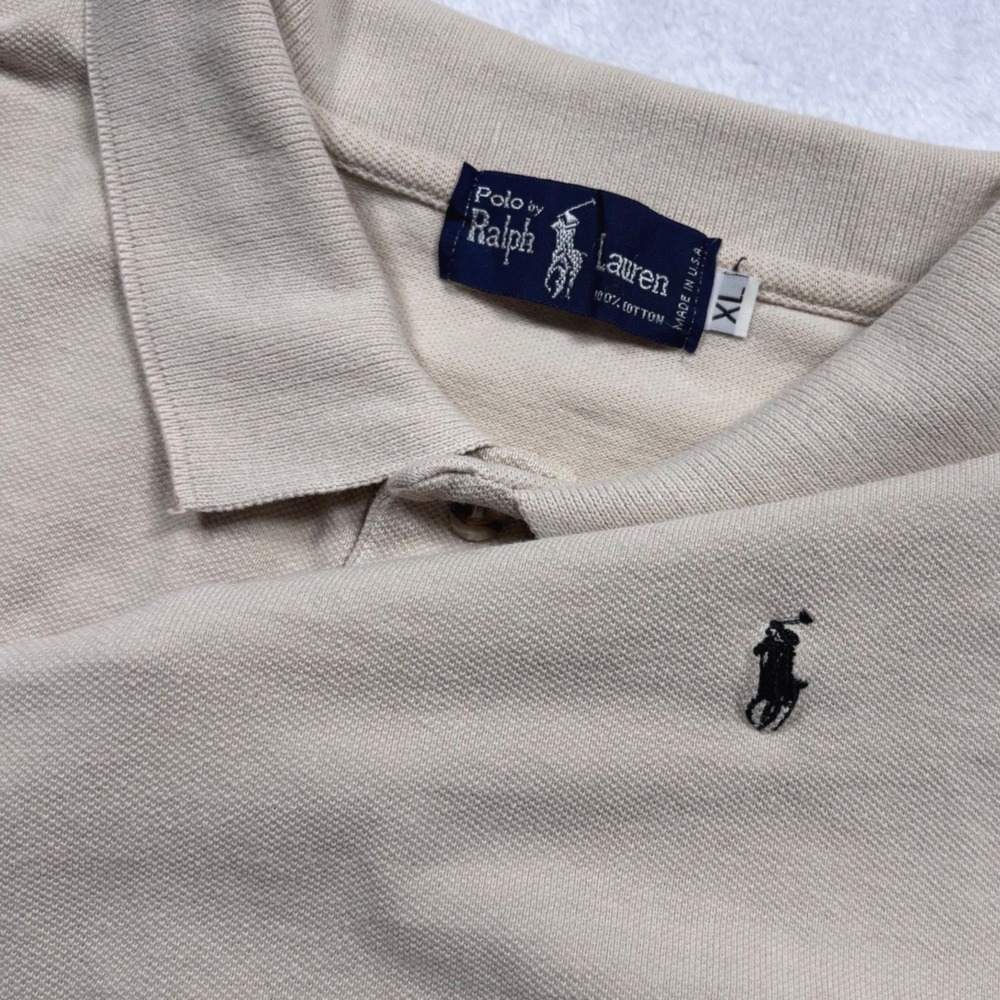 VTG 80s 90s Polo Ralph Lauren Polo Shirt Men XL Cream Pony Logo Boxy Made in USA